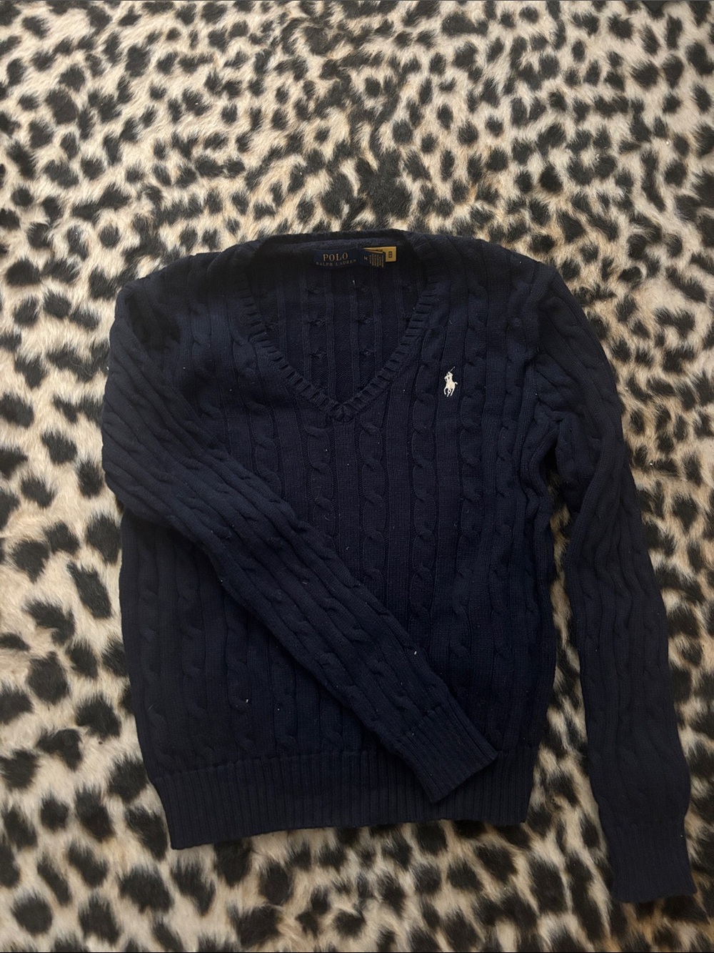 Polo by Ralph Lauren Navy Cable V-Neck Sweater with Embroidered Pony